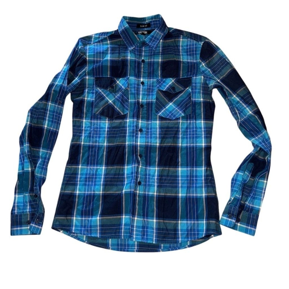 CARBON Men's Slim Fit Blue Plaid Long Sleeve Button-Up Shirt S sleek‎ two pocket